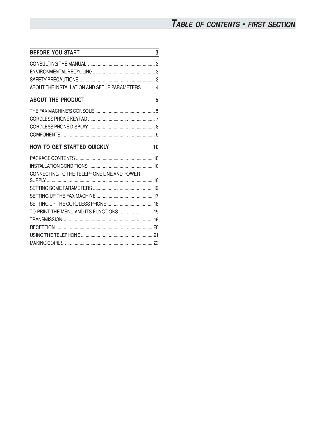 Olivetti 145D manual Table of Contents First Section 