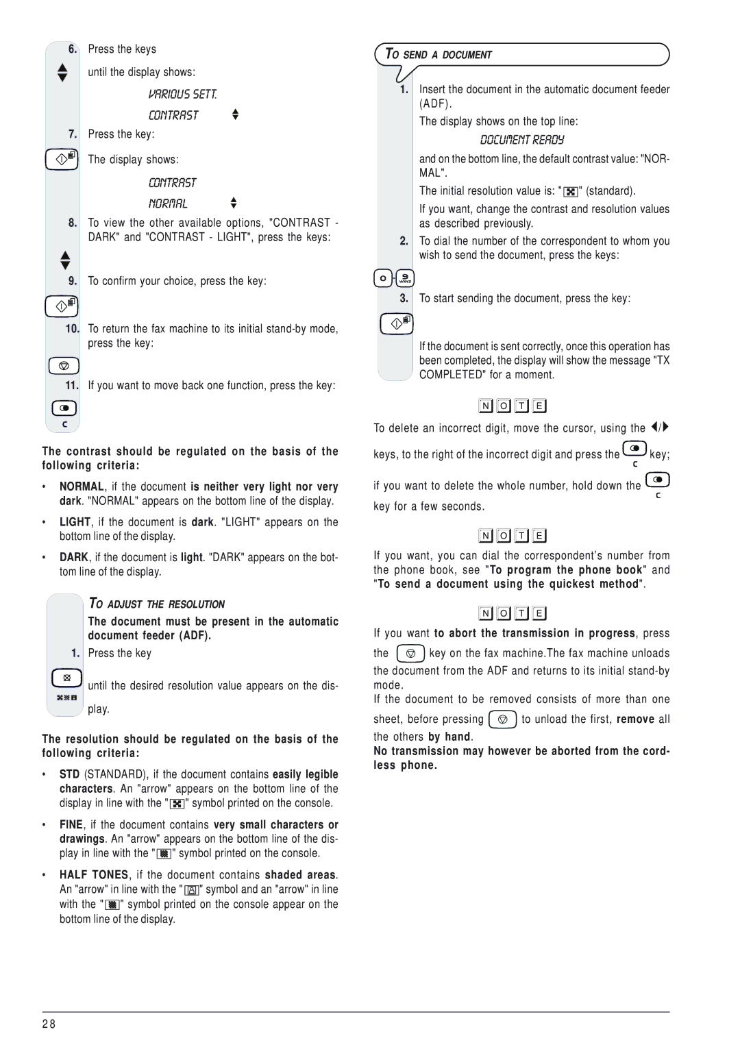 Olivetti 145D manual Various Sett Contrast, Contrast Normal, To start sending the document, press the key 