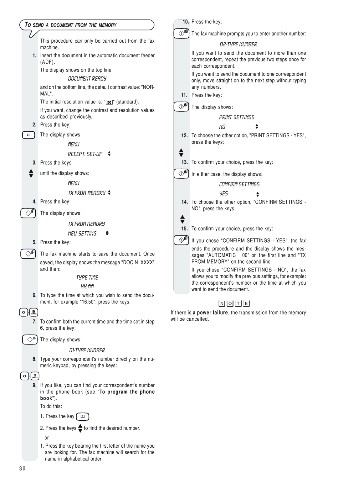 Olivetti 145D manual Menu TX from Memory, TX from Memory NEW Setting, Type Time Hhmm, 01TYPE Number, 02TYPE Number 