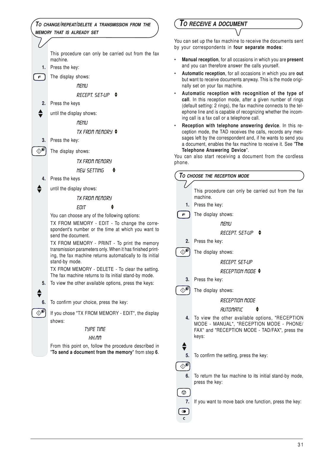 Olivetti 145D TX from Memory Edit, To Receive a Document, RECEPT. SET-UP Reception Mode, Reception Mode Automatic, Shows 