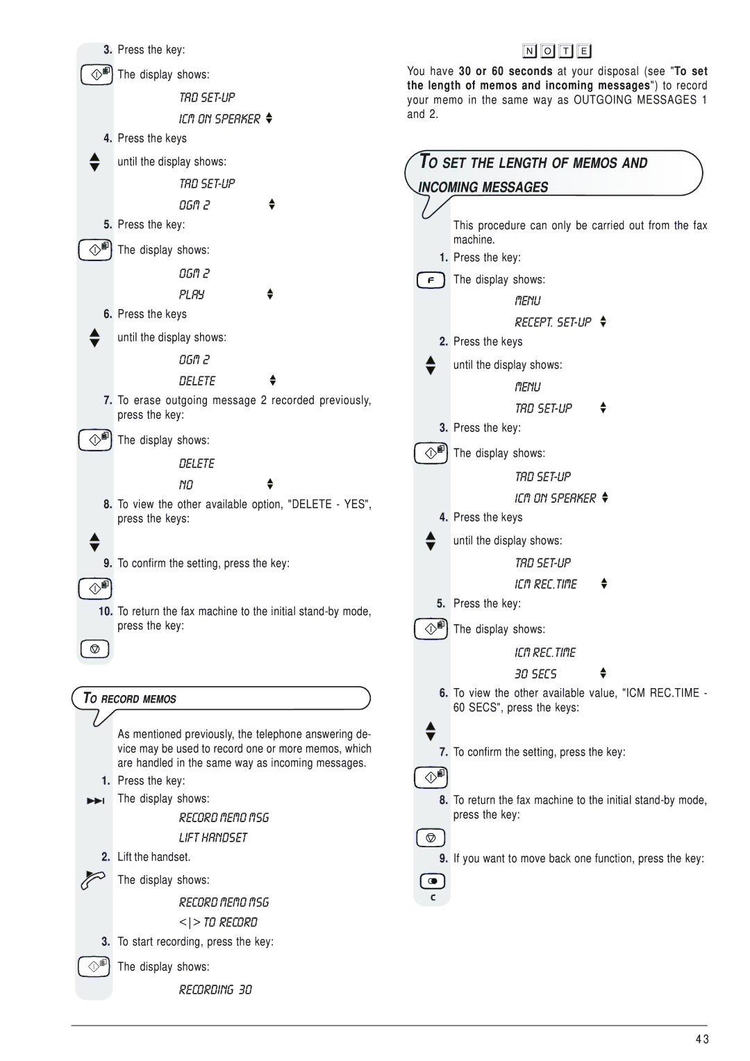 Olivetti 145D manual To SET the Length of Memos Incoming Messages 