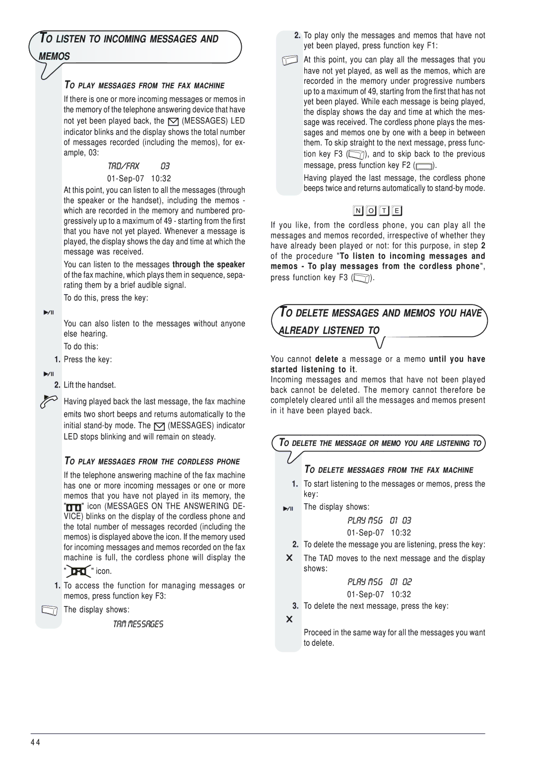 Olivetti 145D manual To Listen to Incoming Messages Memos, Tad/Fax, TAM Messages, Sep-07 