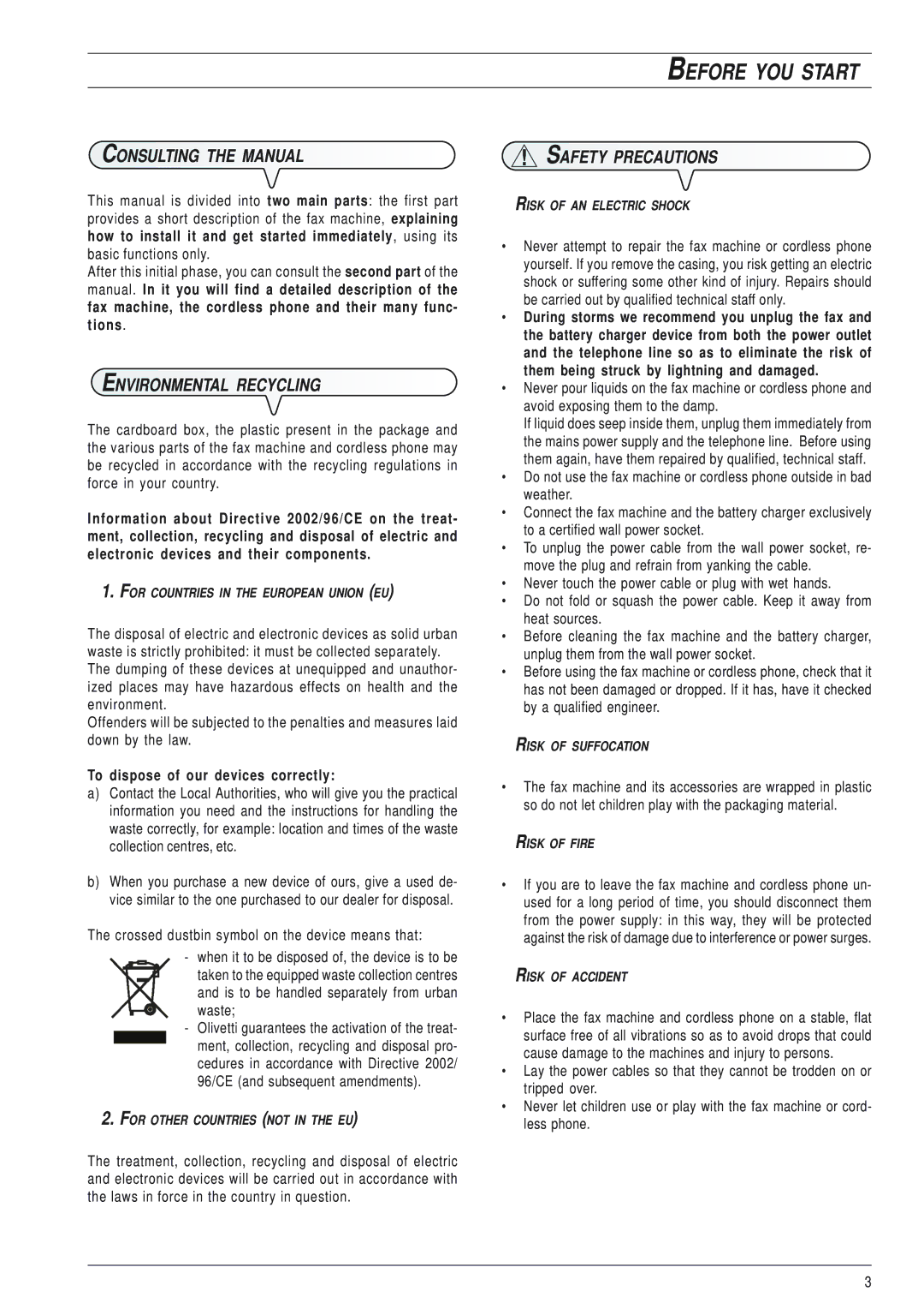 Olivetti 145D Consulting the Manual, Environmental Recycling, Safety Precautions, To dispose of our devices correctly 