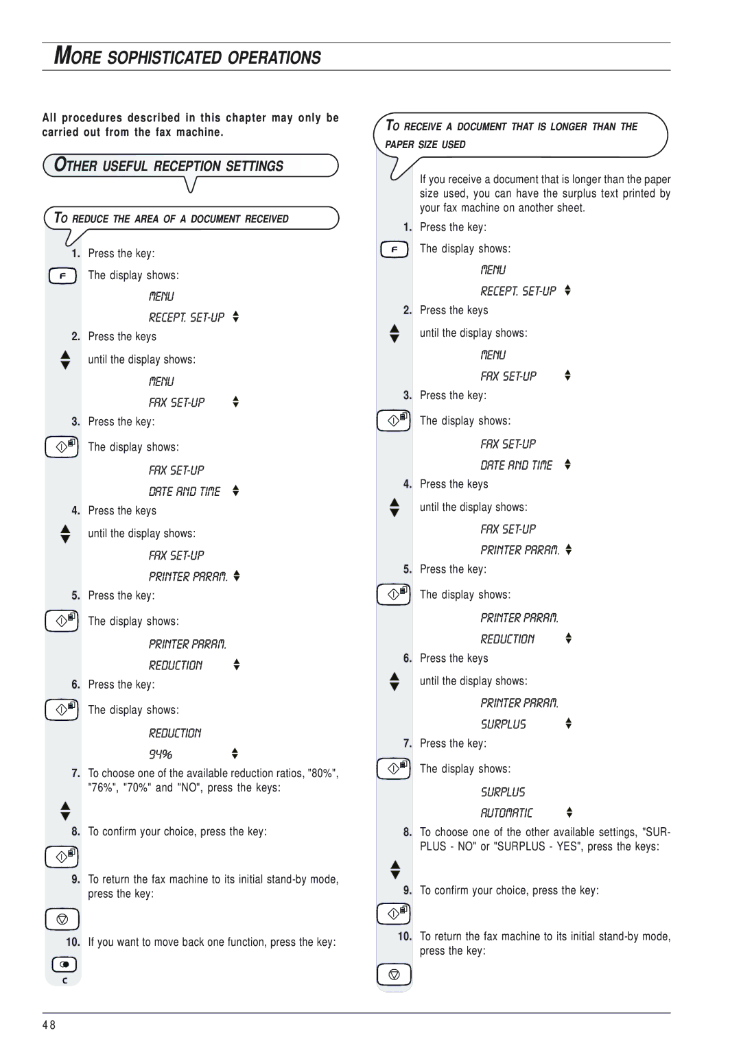 Olivetti 145D Other Useful Reception Settings, FAX SET-UP Printer Param, Printer Param Reduction, Printer Param Surplus 