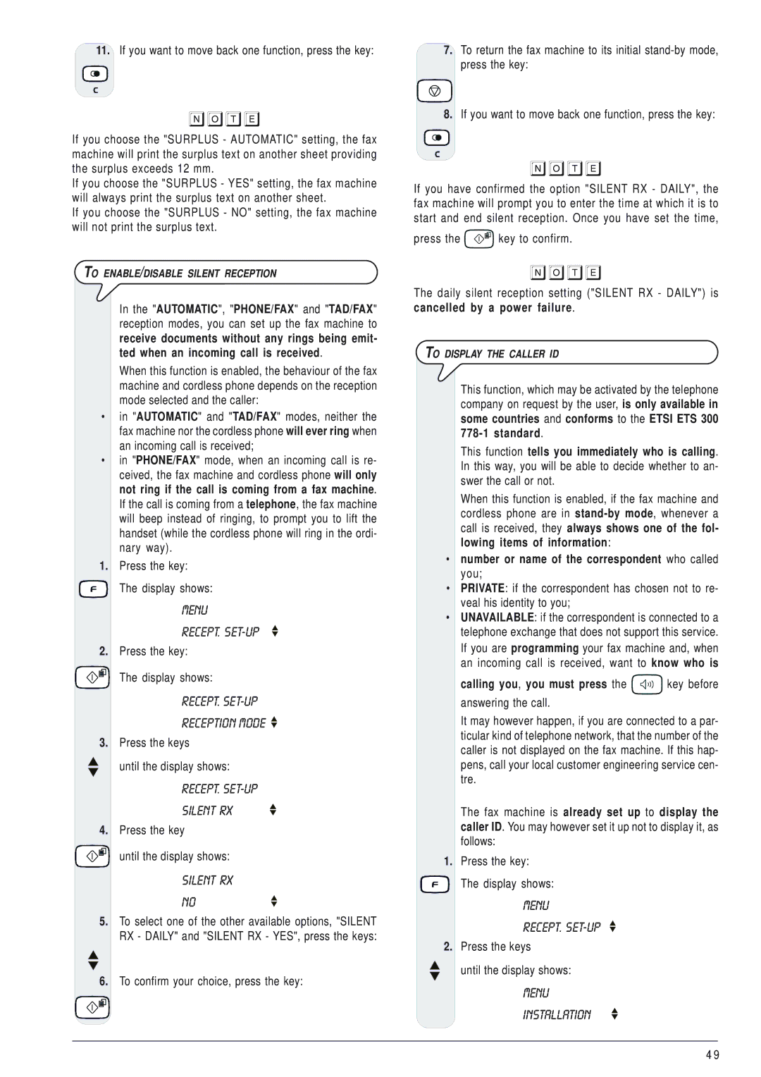 Olivetti 145D manual RECEPT. SET-UP Silent RX, Press the key Until the display shows, To ENABLE/DISABLE Silent Reception 