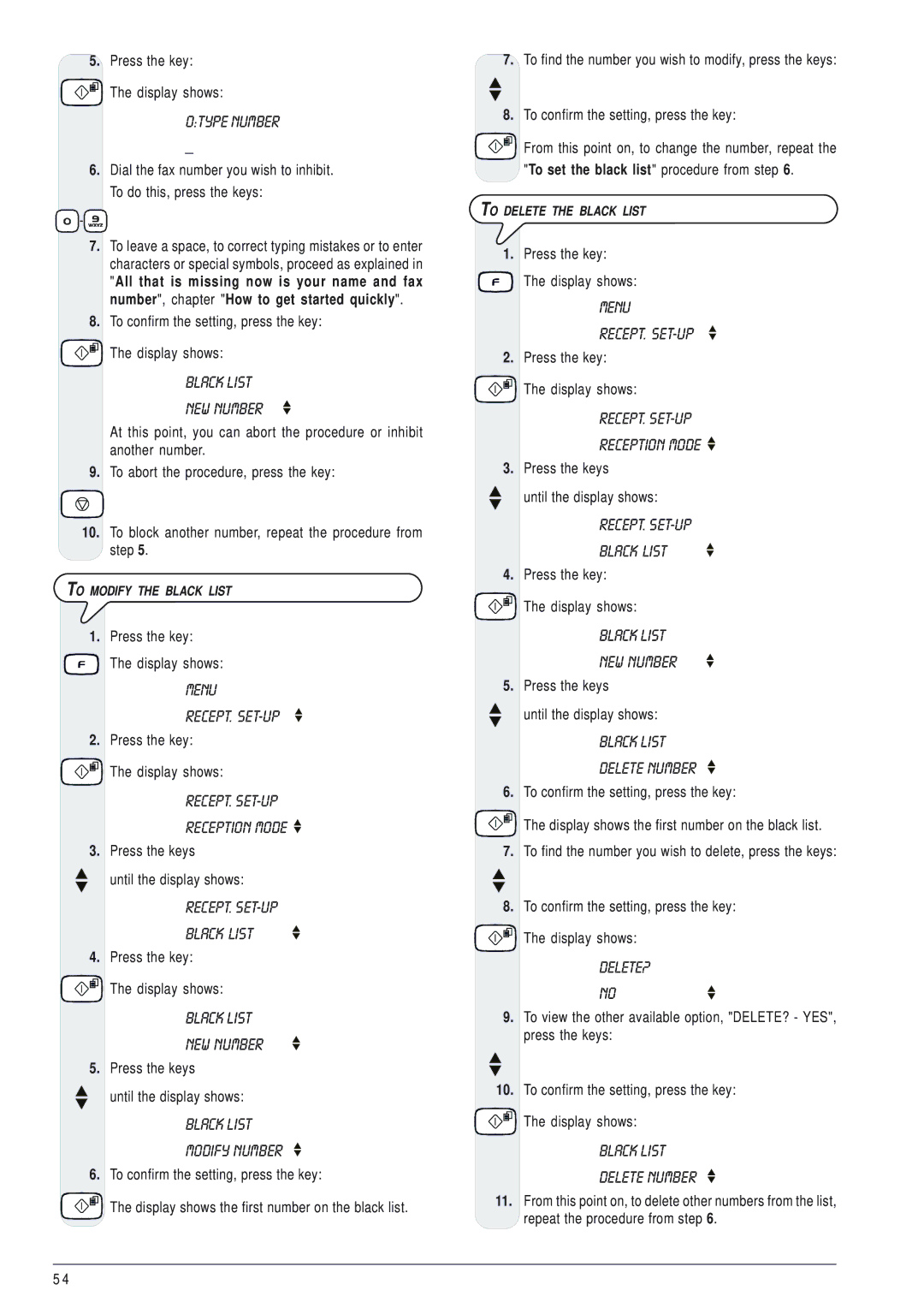 Olivetti 145D manual 0TYPE Number, Black List Modify Number, Black List Delete Number, To Modify the Black List 