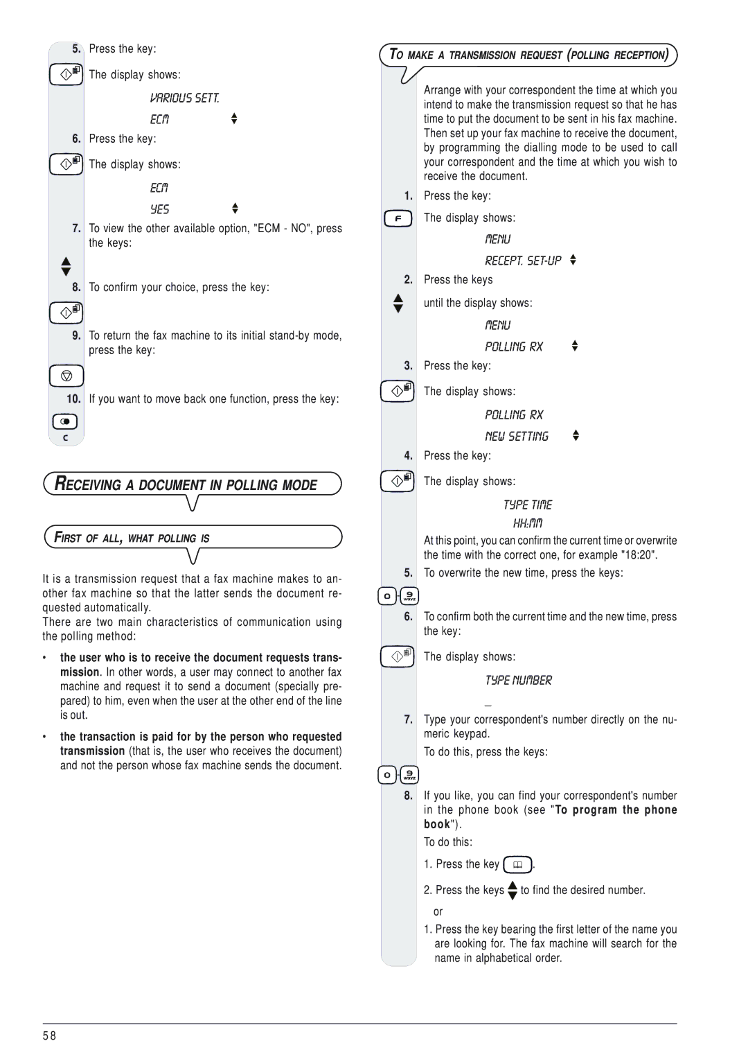 Olivetti 145D manual Ecm Yes, Receiving a Document in Polling Mode, Menu Polling RX, Polling RX NEW Setting, Type Number 