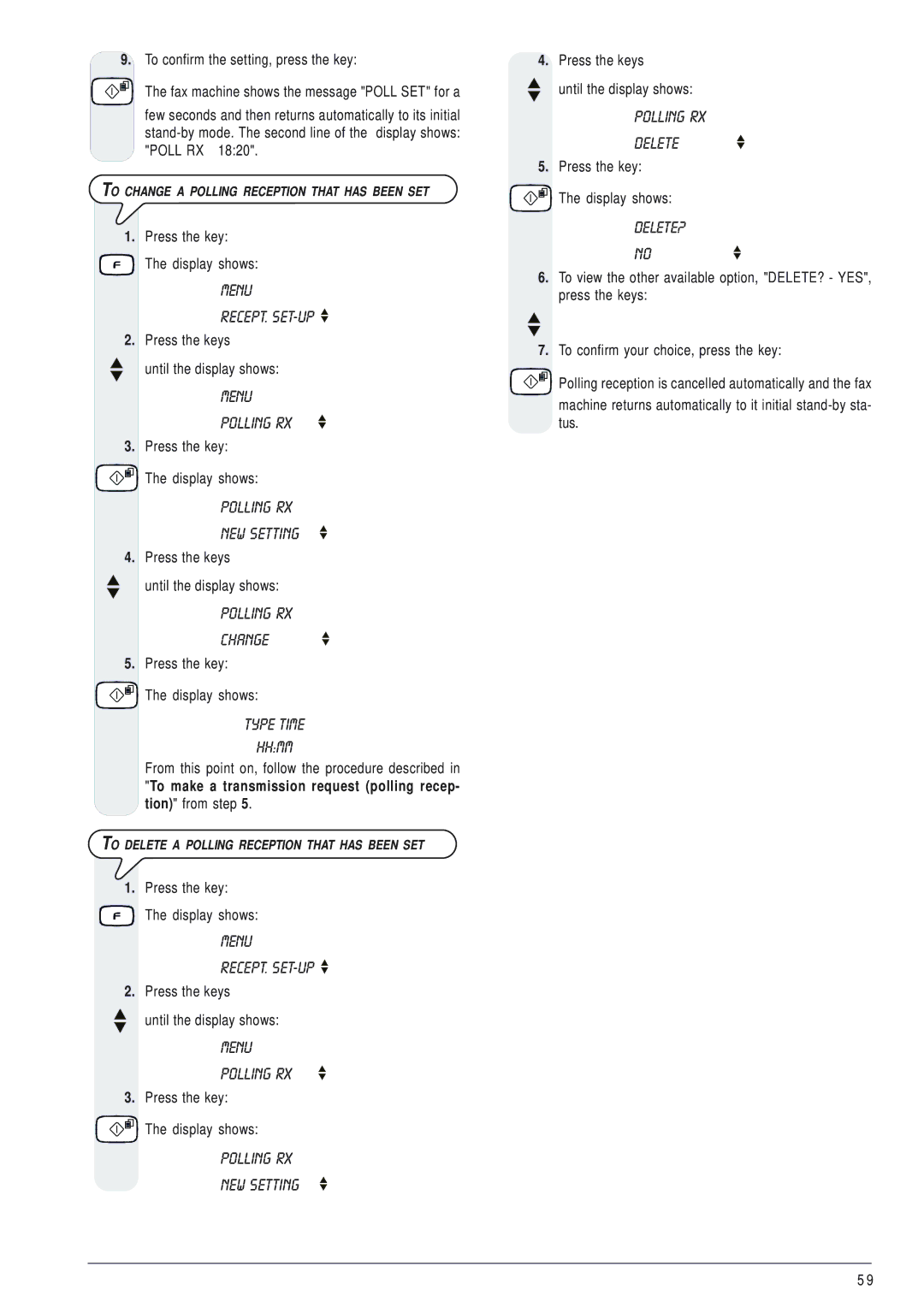 Olivetti 145D manual Polling RX Change, Polling RX Delete, To Change a Polling Reception That has Been SET 