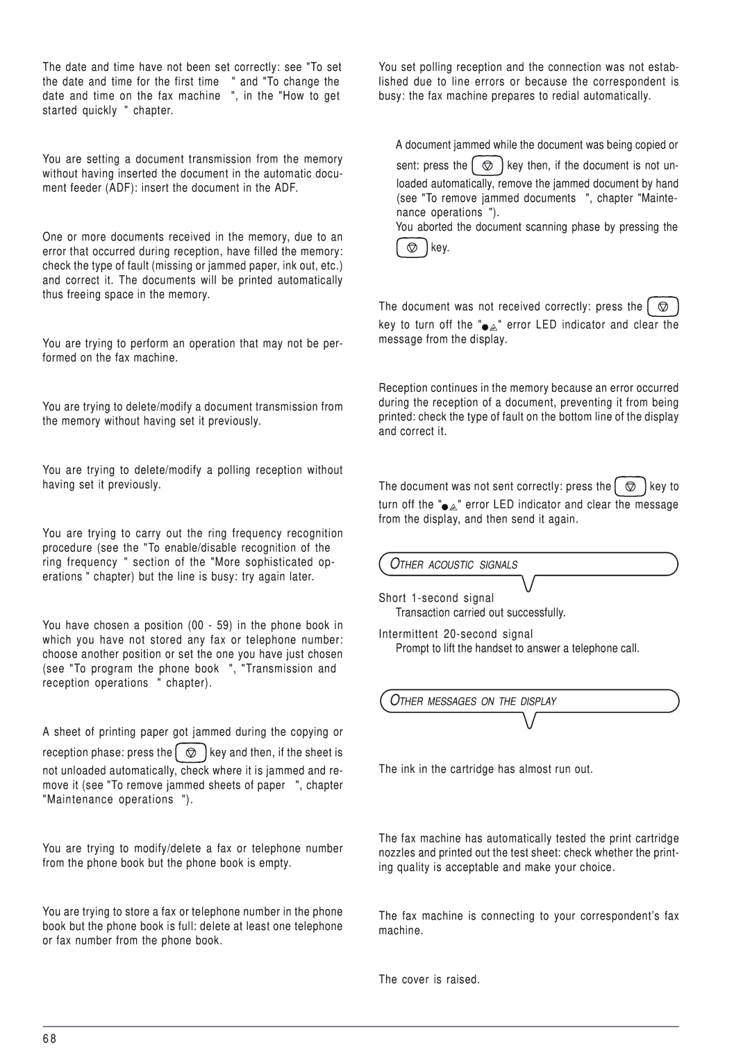 Olivetti 145D manual Illegal Setting, Insert Document, Memory Full, Not Allowed, Not Entered, Not Idle Line, Not Programmed 