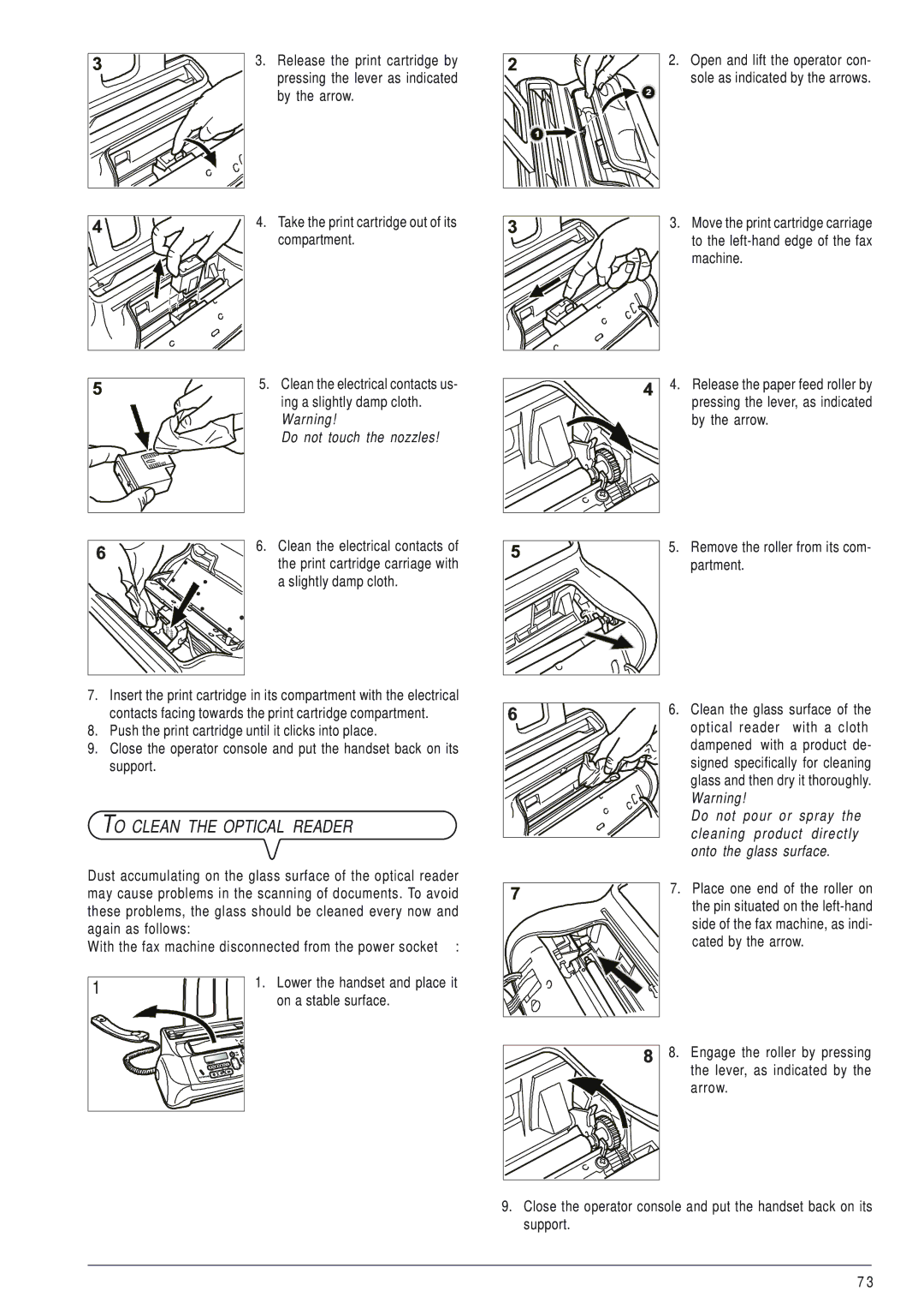 Olivetti 145D manual To Clean the Optical Reader, Optical reader with a cloth, Cated by the arrow, Lever, as indicated by 