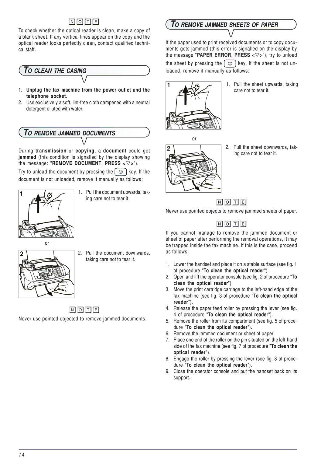 Olivetti 145D manual To Clean the Casing To Remove Jammed Sheets of Paper, To Remove Jammed Documents 