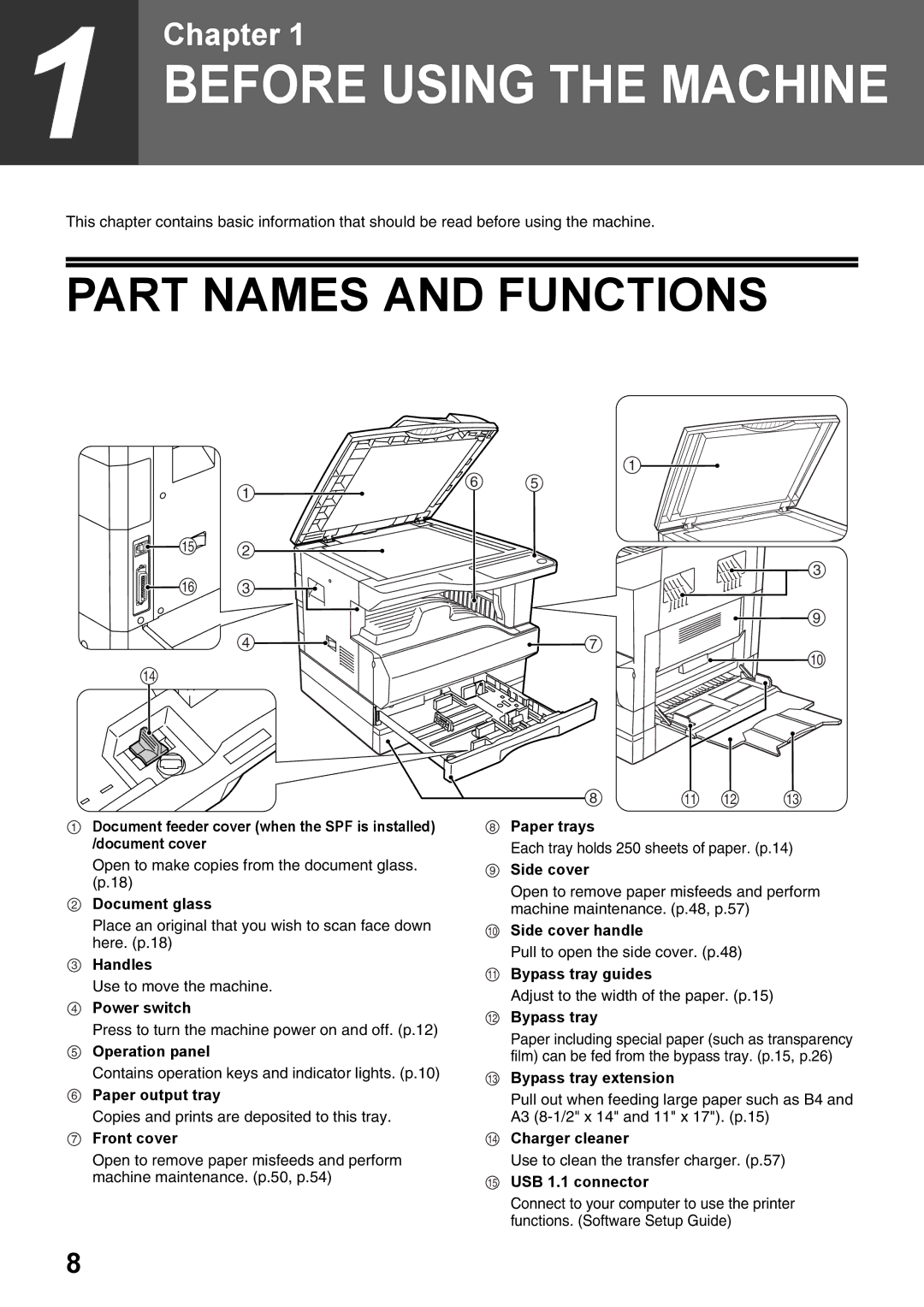 Olivetti 16W Open to make copies from the document glass. p.18, Use to move the machine, Pull to open the side cover. p.48 