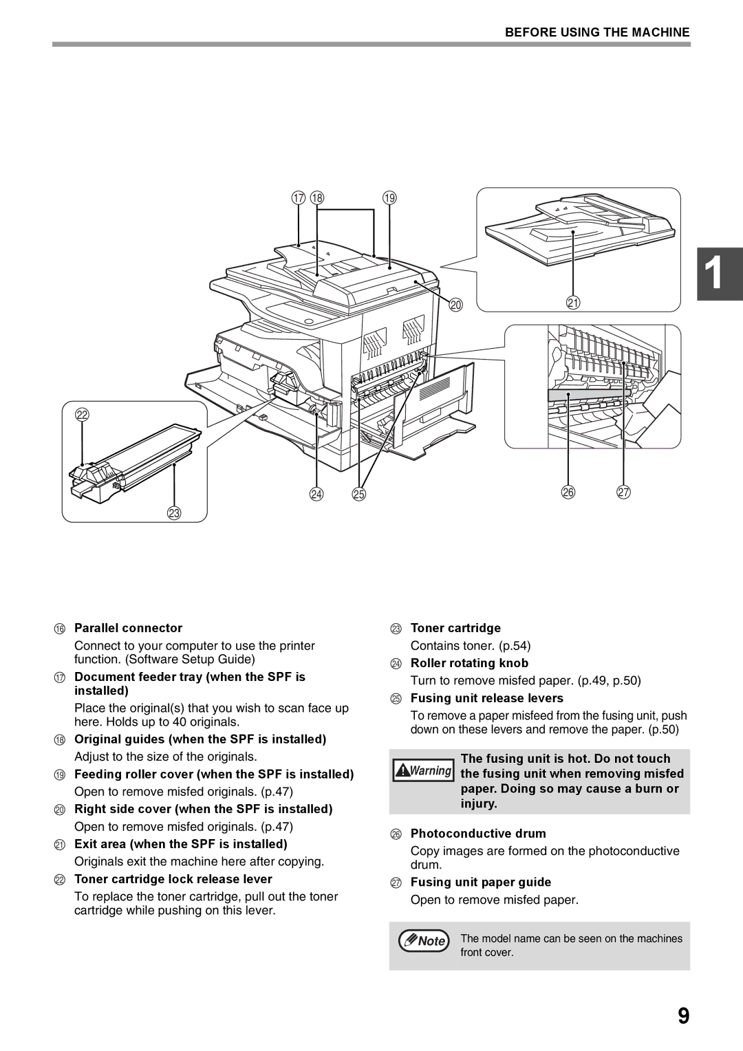 Olivetti 20W, 16W Adjust to the size of the originals, Open to remove misfed originals. p.47, Contains toner. p.54 