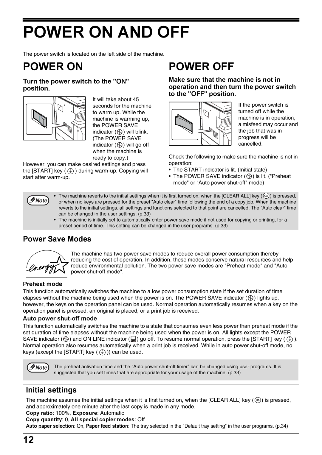 Olivetti 16W, 20W operation manual Power on, Power OFF, Power Save Modes, Initial settings 