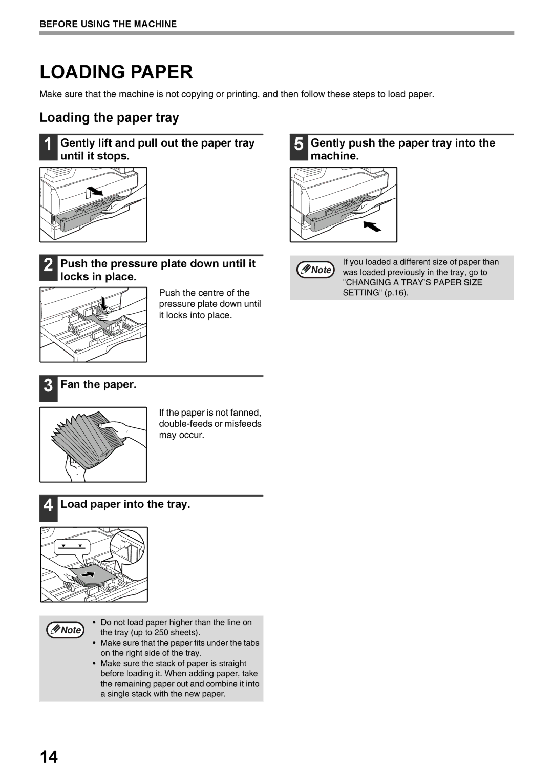 Olivetti 16W, 20W Loading Paper, Loading the paper tray, Push the centre, Pressure plate down until It locks into place 