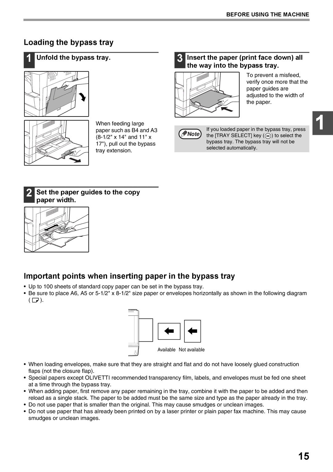 Olivetti 20W, 16W operation manual Loading the bypass tray, Important points when inserting paper in the bypass tray 