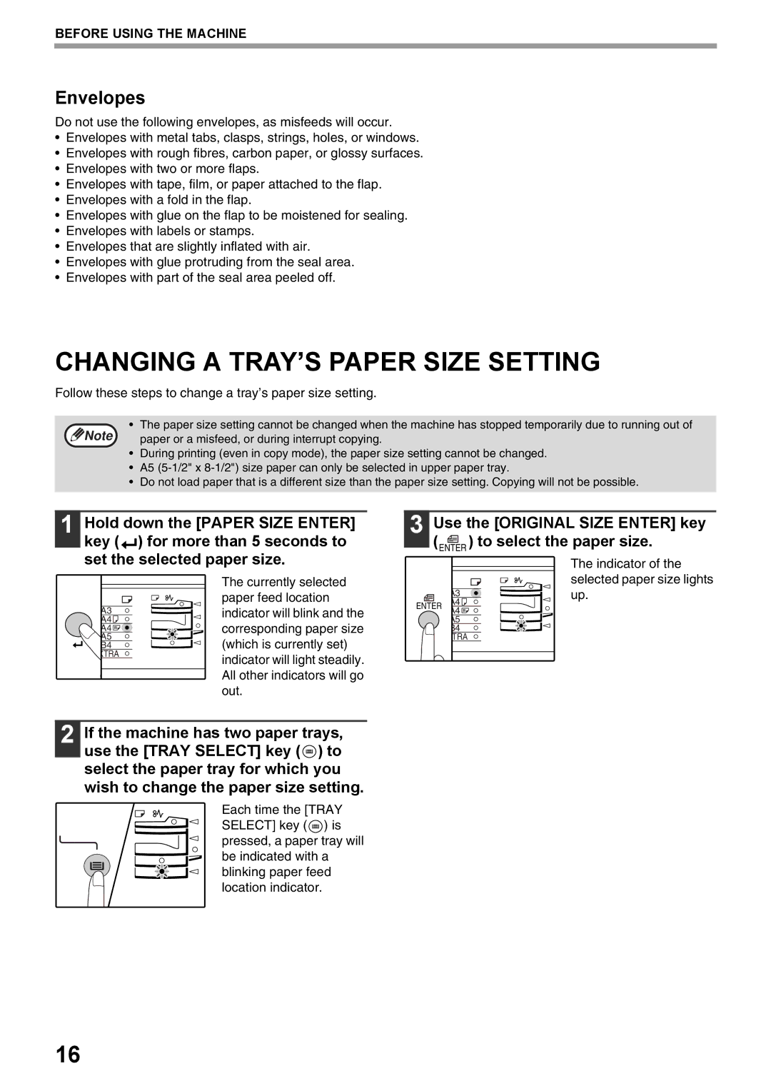 Olivetti 16W, 20W operation manual Changing a TRAY’S Paper Size Setting, Envelopes 