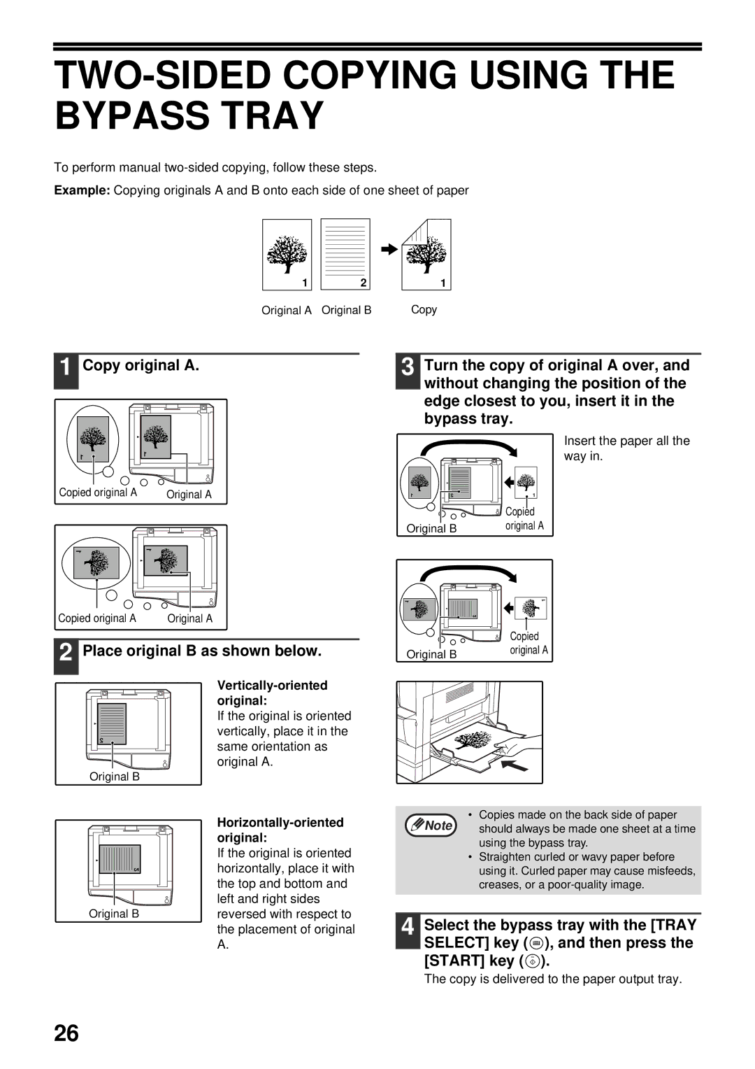 Olivetti 16W, 20W operation manual TWO-SIDED Copying Using the Bypass Tray, Copy original a, Place original B as shown below 