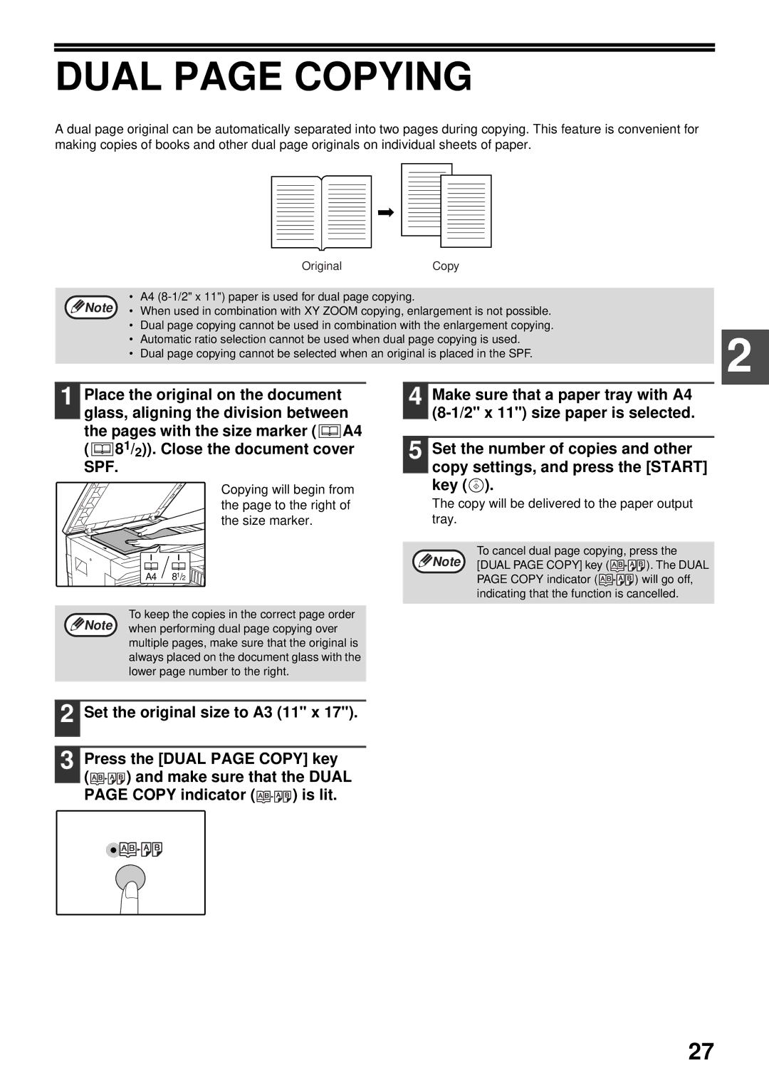 Olivetti 20W Dual page Copying, Set the original size to A3 11 x, Press the Dual page Copy key, Make sure that the Dual 