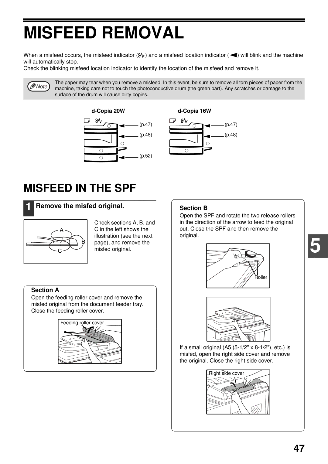 Olivetti operation manual Misfeed Removal, Misfeed in the SPF, Remove the misfed original, Copia 20W Copia 16W 