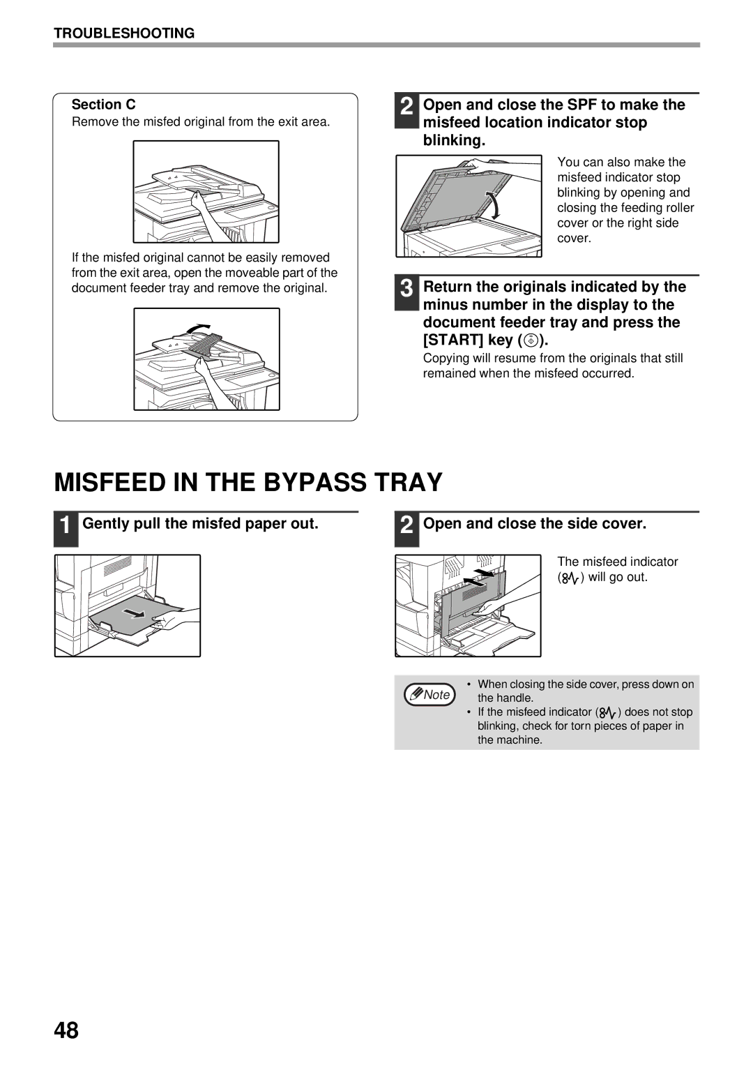 Olivetti 16W, 20W operation manual Misfeed in the Bypass Tray, Misfeed indicator will go out 