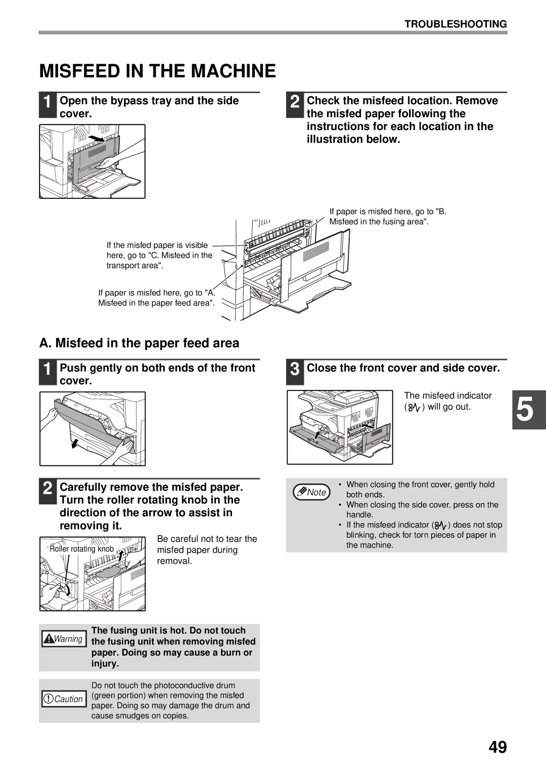 Olivetti 20W, 16W operation manual Misfeed in the Machine, Misfeed in the paper feed area 