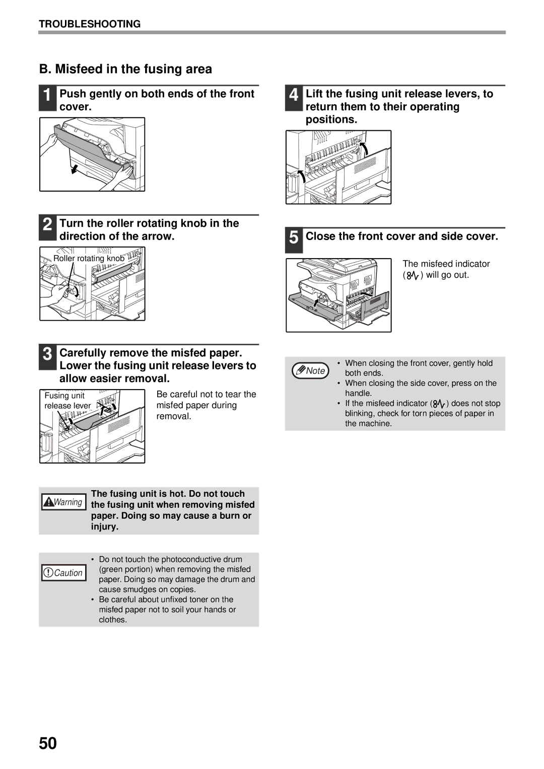 Olivetti 16W, 20W operation manual Misfeed in the fusing area, Lower the fusing unit release levers to, Allow easier removal 