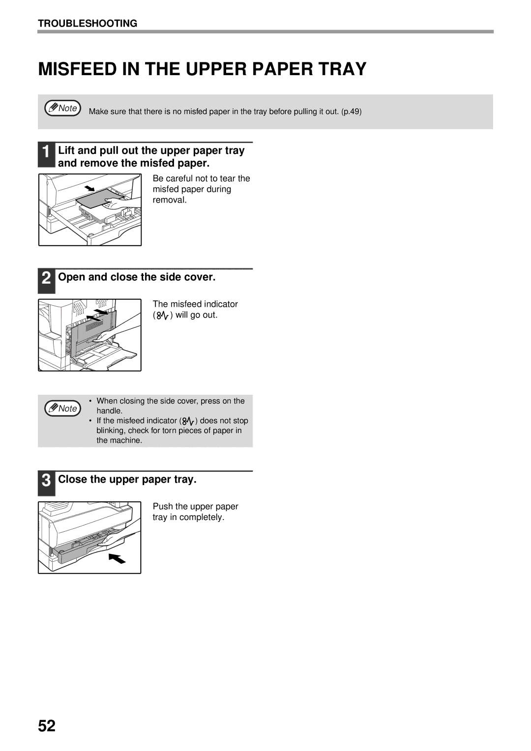 Olivetti 16W, 20W Misfeed in the Upper Paper Tray, Close the upper paper tray, Push the upper paper tray in completely 