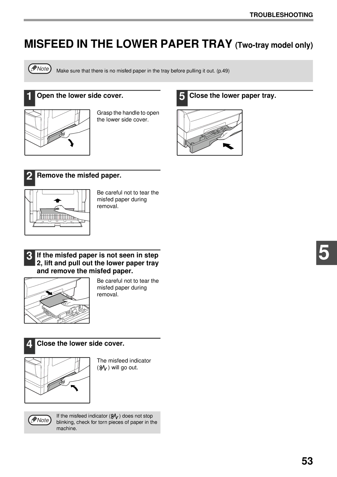 Olivetti 20W Open the lower side cover, Remove the misfed paper, Close the lower side cover, Close the lower paper tray 