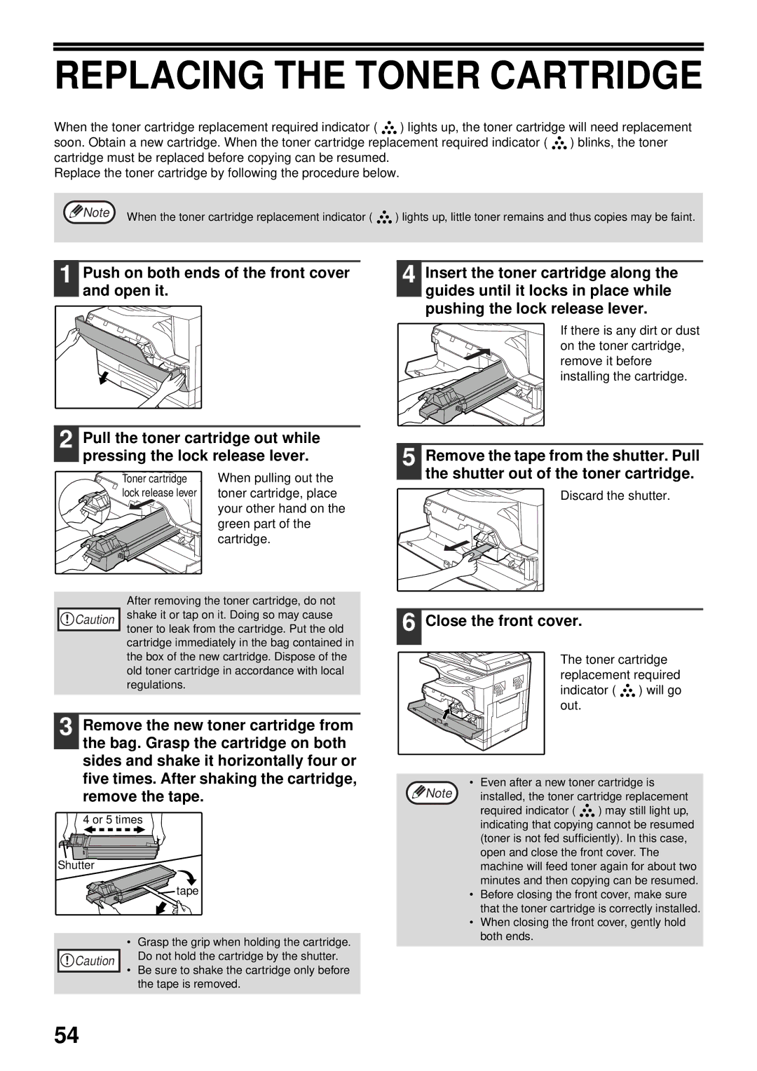 Olivetti 16W, 20W Replacing the Toner Cartridge, Close the front cover, Green part of the cartridge, Discard the shutter 