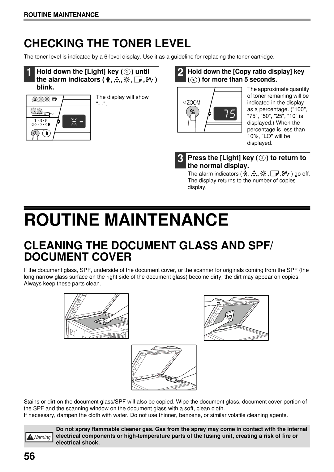 Olivetti 16W, 20W Routine Maintenance, Checking the Toner Level, Cleaning the Document Glass and SPF/ Document Cover 