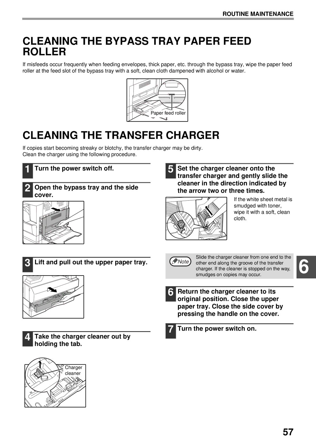 Olivetti 20W, 16W operation manual Cleaning the Bypass Tray Paper Feed Roller, Cleaning the Transfer Charger 