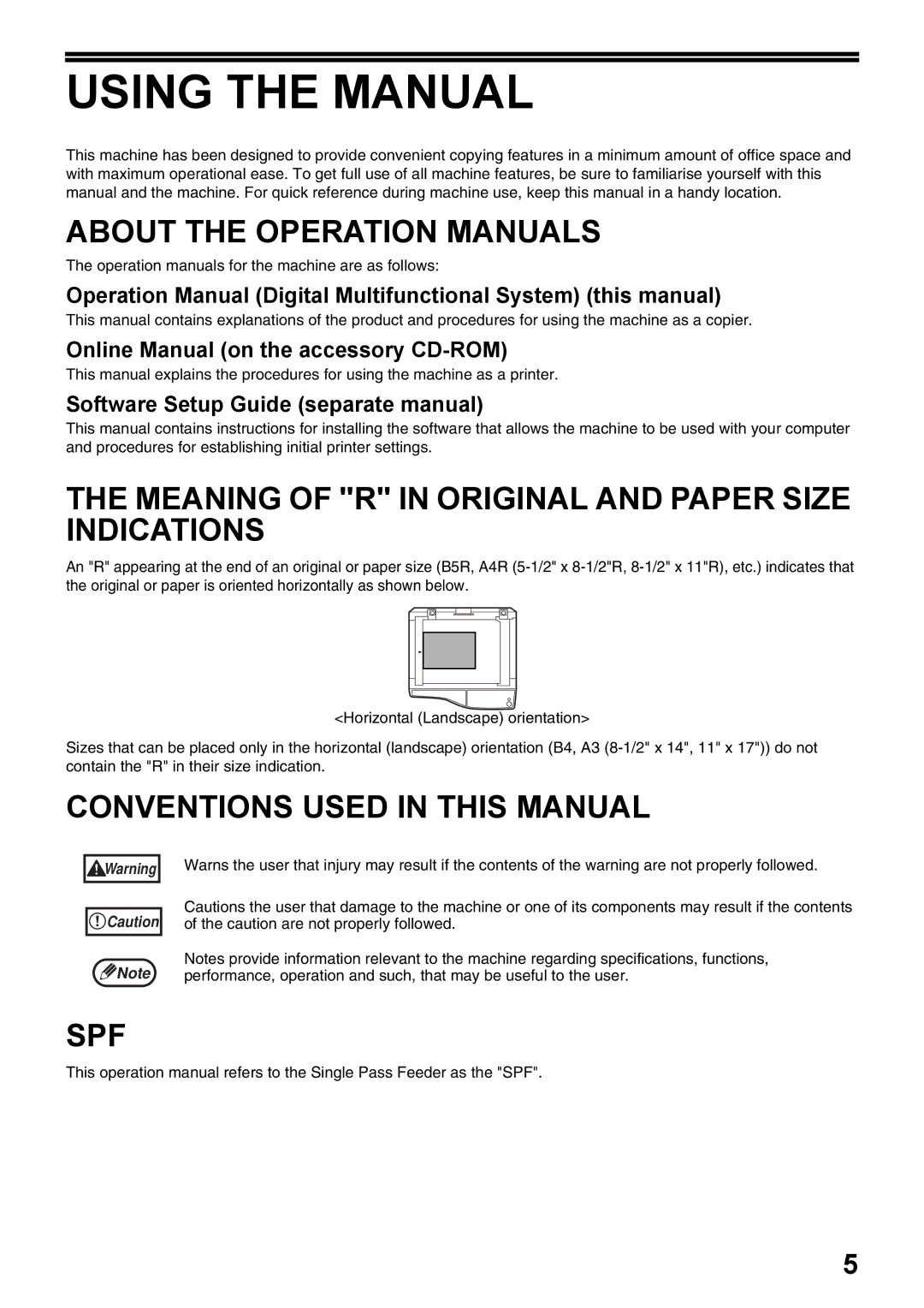 Olivetti 20W, 16W operation manual Meaning of R in Original and Paper Size Indications, Conventions Used in this Manual, Spf 