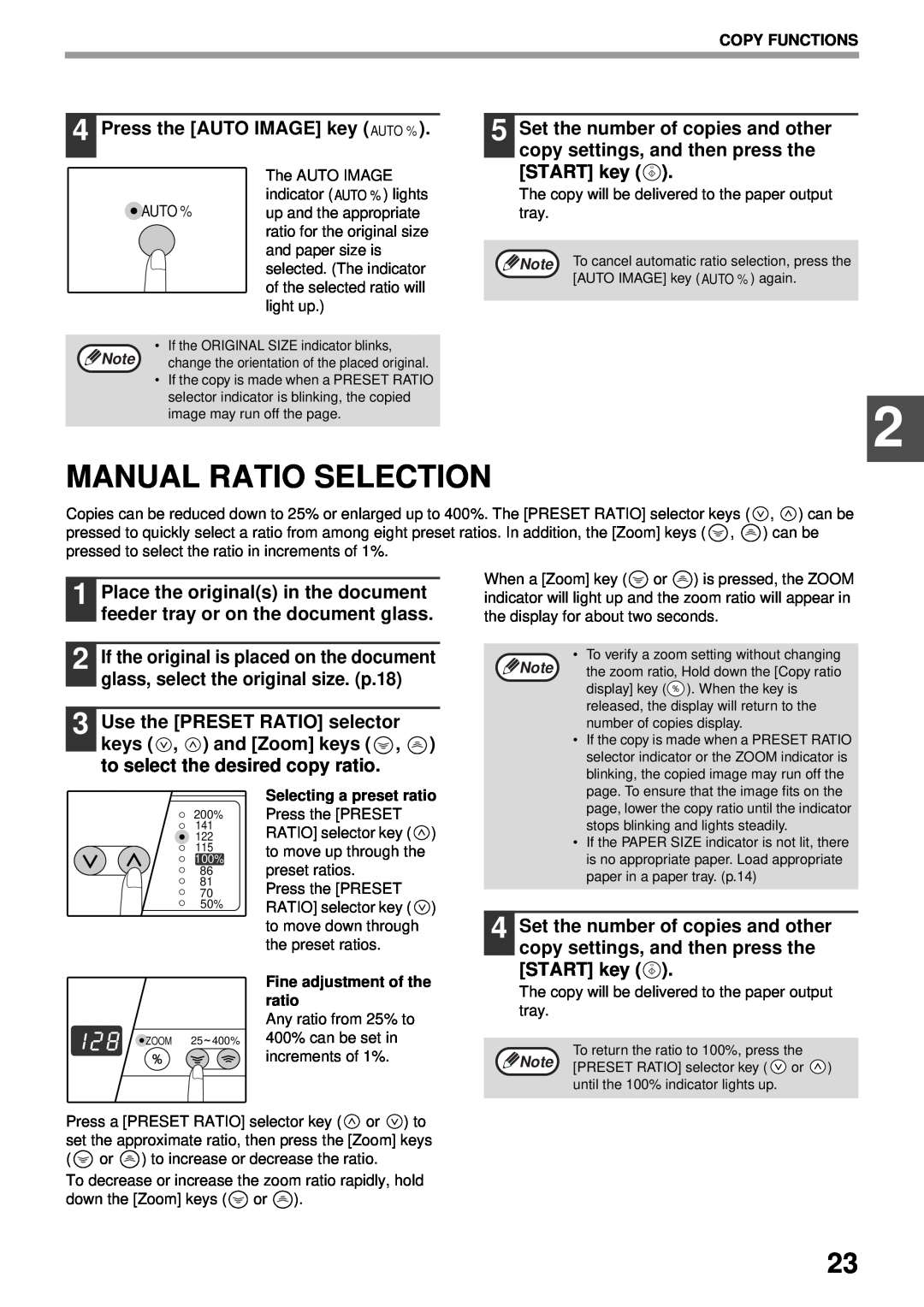 Olivetti 20W, 16W operation manual Manual Ratio Selection, Press the AUTO IMAGE key AUTO % 