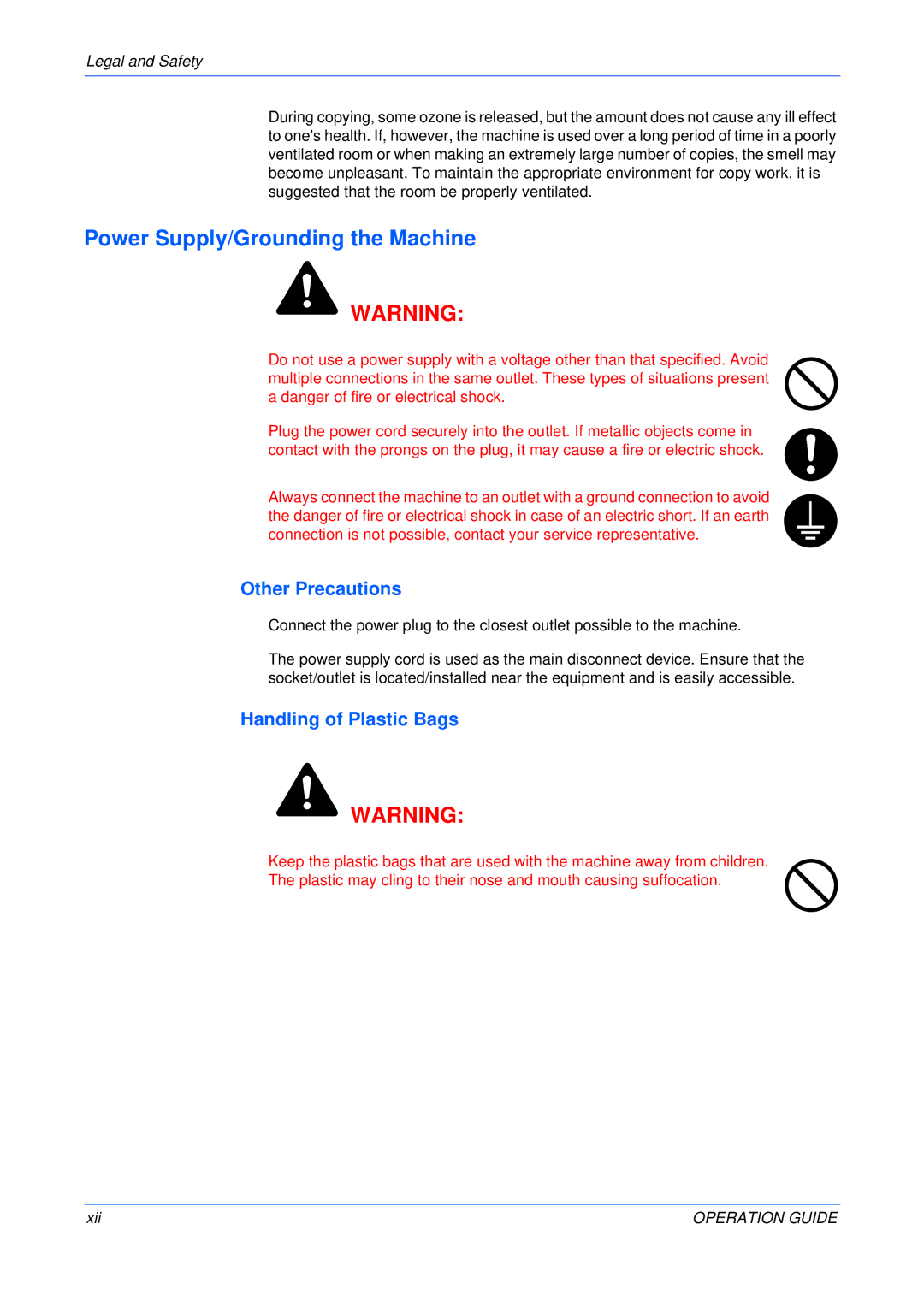 Olivetti 18MF manual Power Supply/Grounding the Machine, Handling of Plastic Bags, Xii 