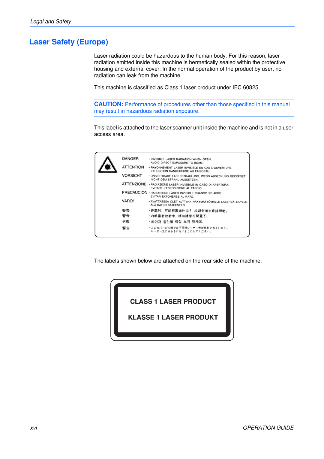 Olivetti 18MF manual Laser Safety Europe, Xvi 