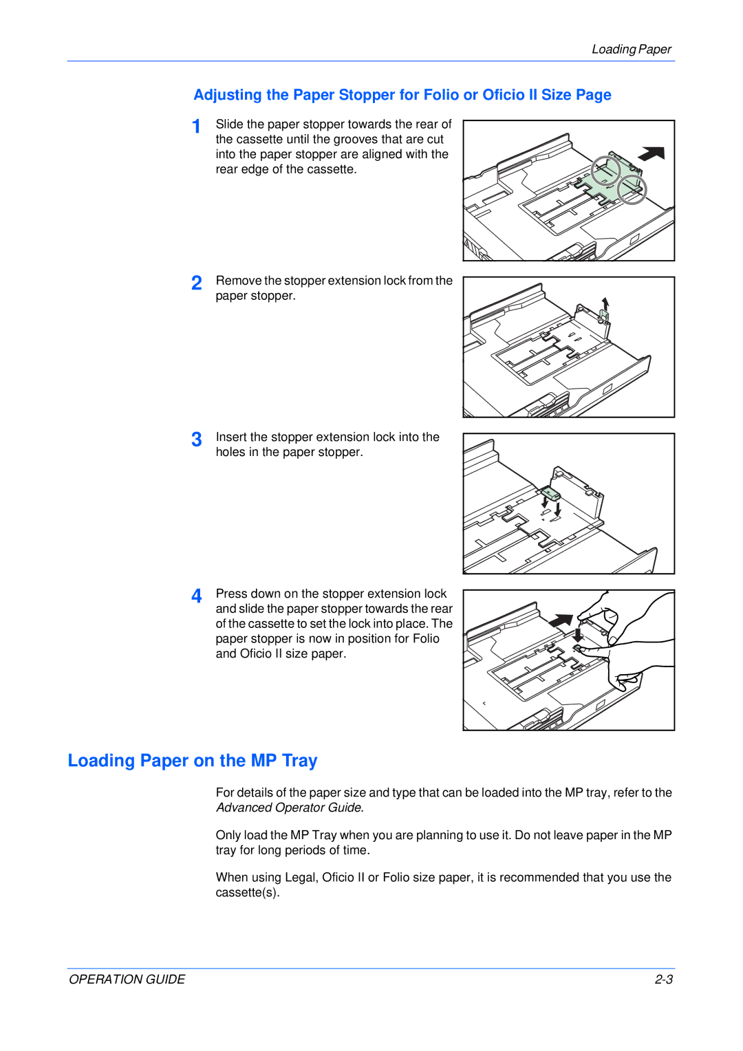 Olivetti 18MF manual Loading Paper on the MP Tray, Adjusting the Paper Stopper for Folio or Oficio II Size 