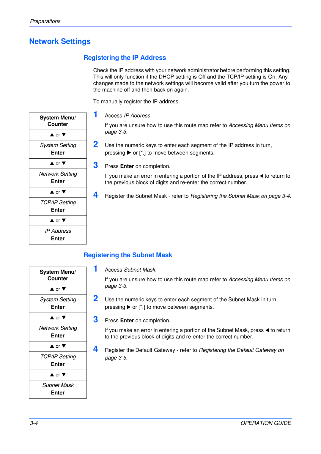 Olivetti 18MF manual Network Settings, Registering the IP Address, Registering the Subnet Mask 