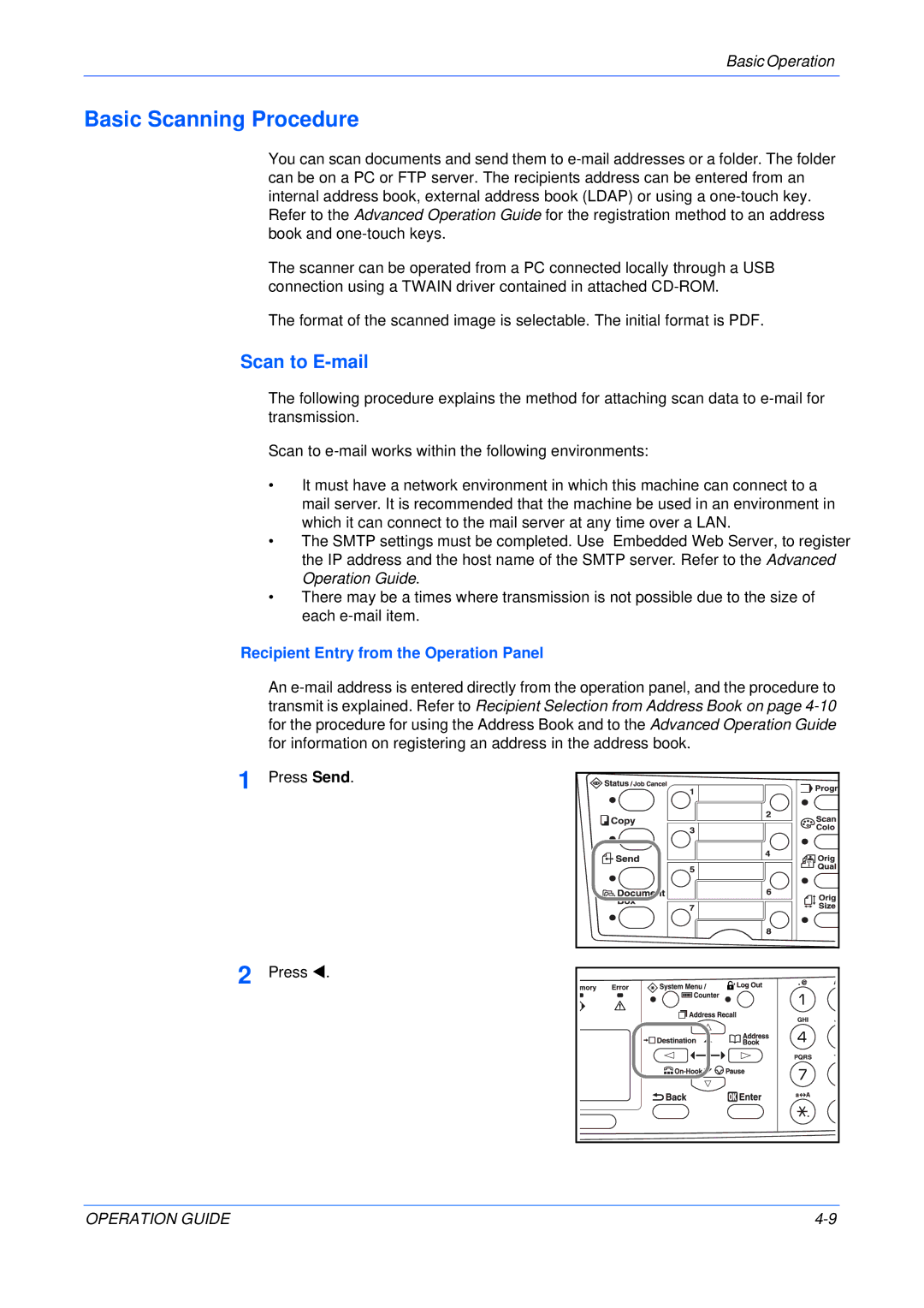 Olivetti 18MF manual Basic Scanning Procedure, Scan to E-mail, Recipient Entry from the Operation Panel 