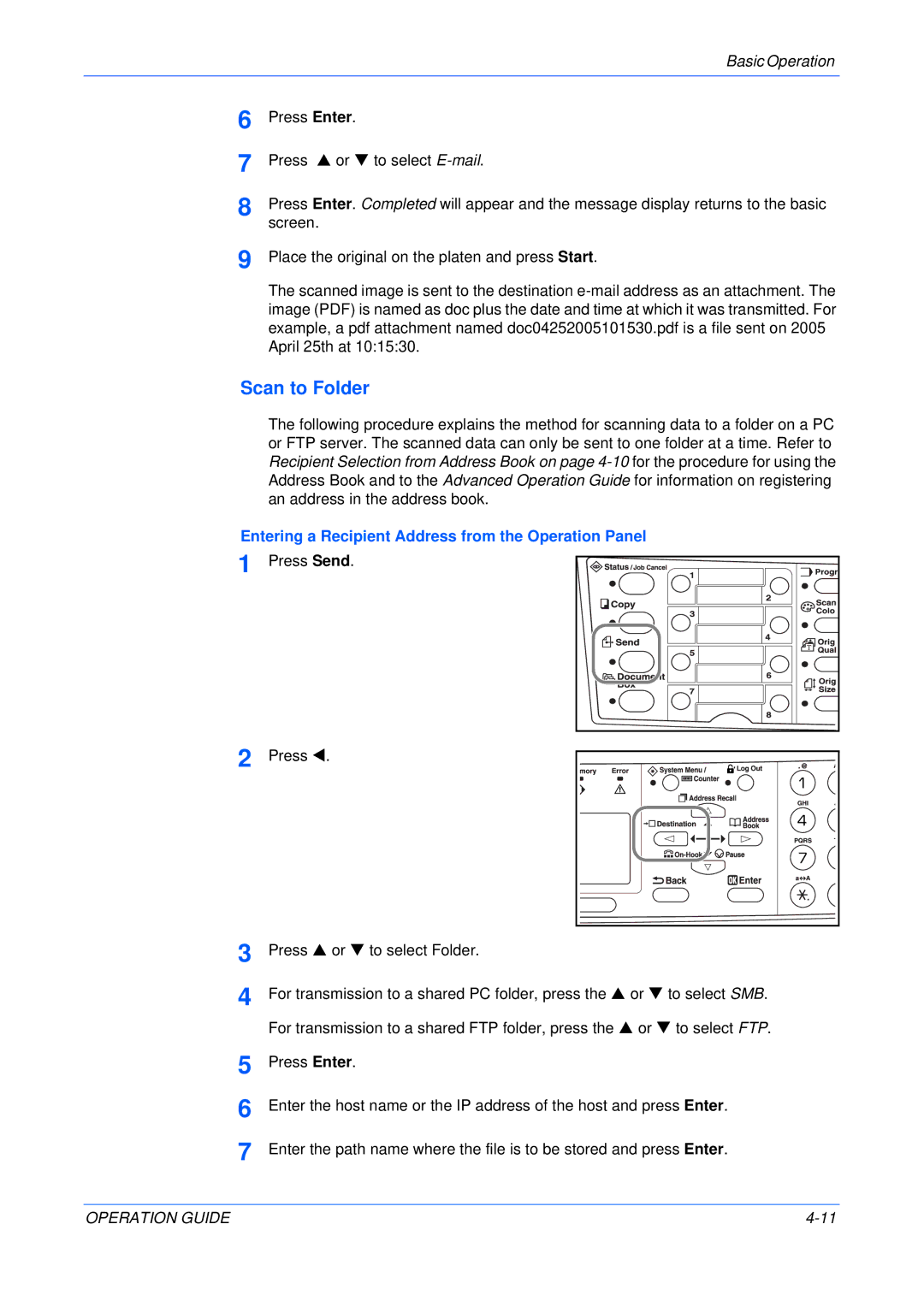 Olivetti 18MF manual Scan to Folder, Entering a Recipient Address from the Operation Panel 