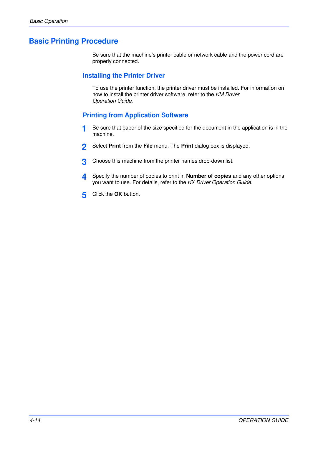 Olivetti 18MF Basic Printing Procedure, Installing the Printer Driver, Printing from Application Software, Operation Guide 