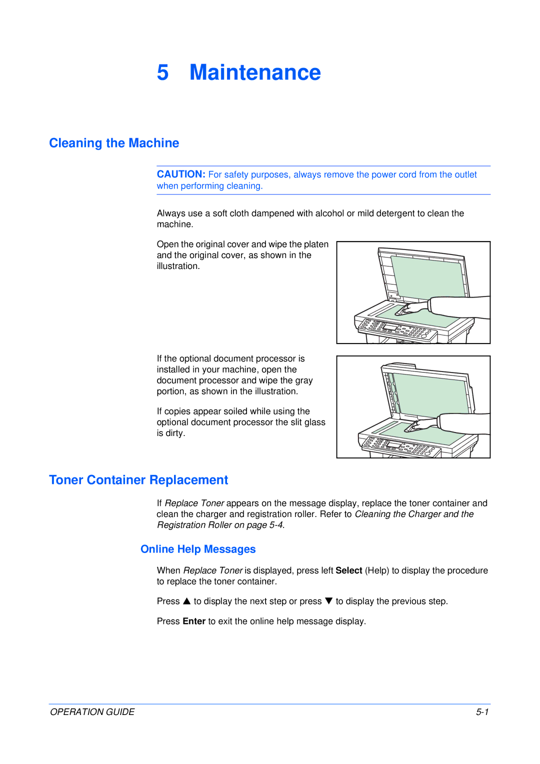 Olivetti 18MF manual Maintenance, Cleaning the Machine, Toner Container Replacement, Online Help Messages 