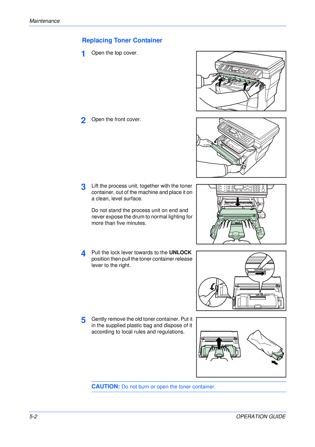 Olivetti 18MF manual Replacing Toner Container, Maintenance 