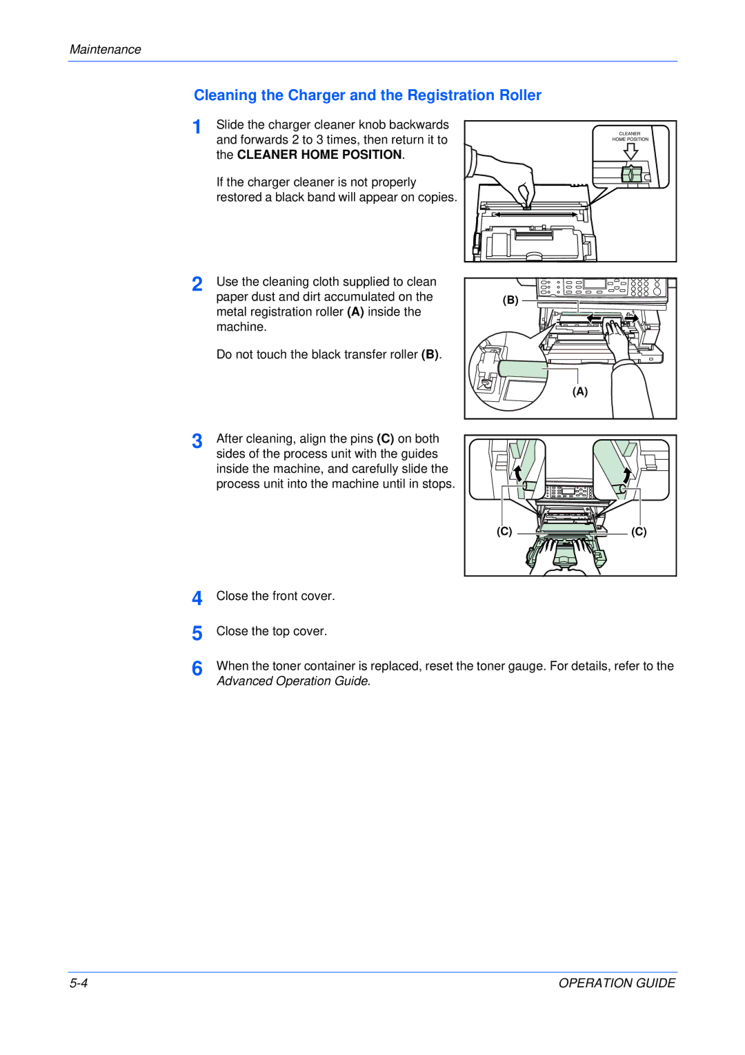 Olivetti 18MF manual Cleaning the Charger and the Registration Roller, Cleaner Home Position 