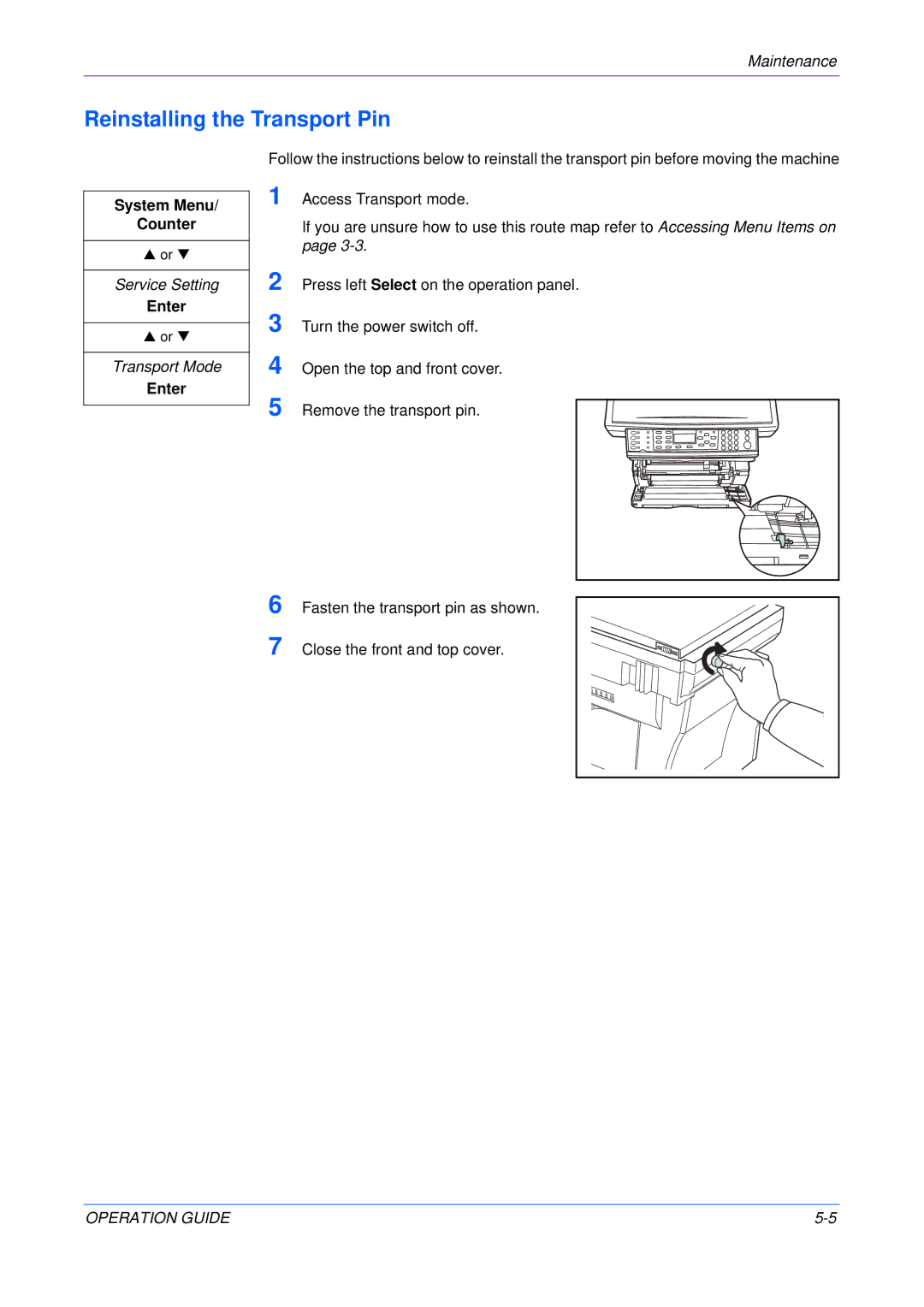 Olivetti 18MF manual Reinstalling the Transport Pin, Service Setting, Transport Mode 