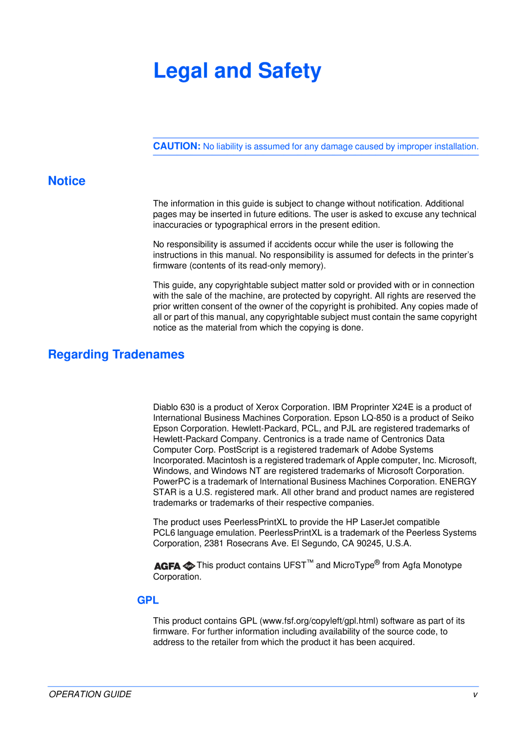 Olivetti 18MF manual Legal and Safety, Regarding Tradenames 