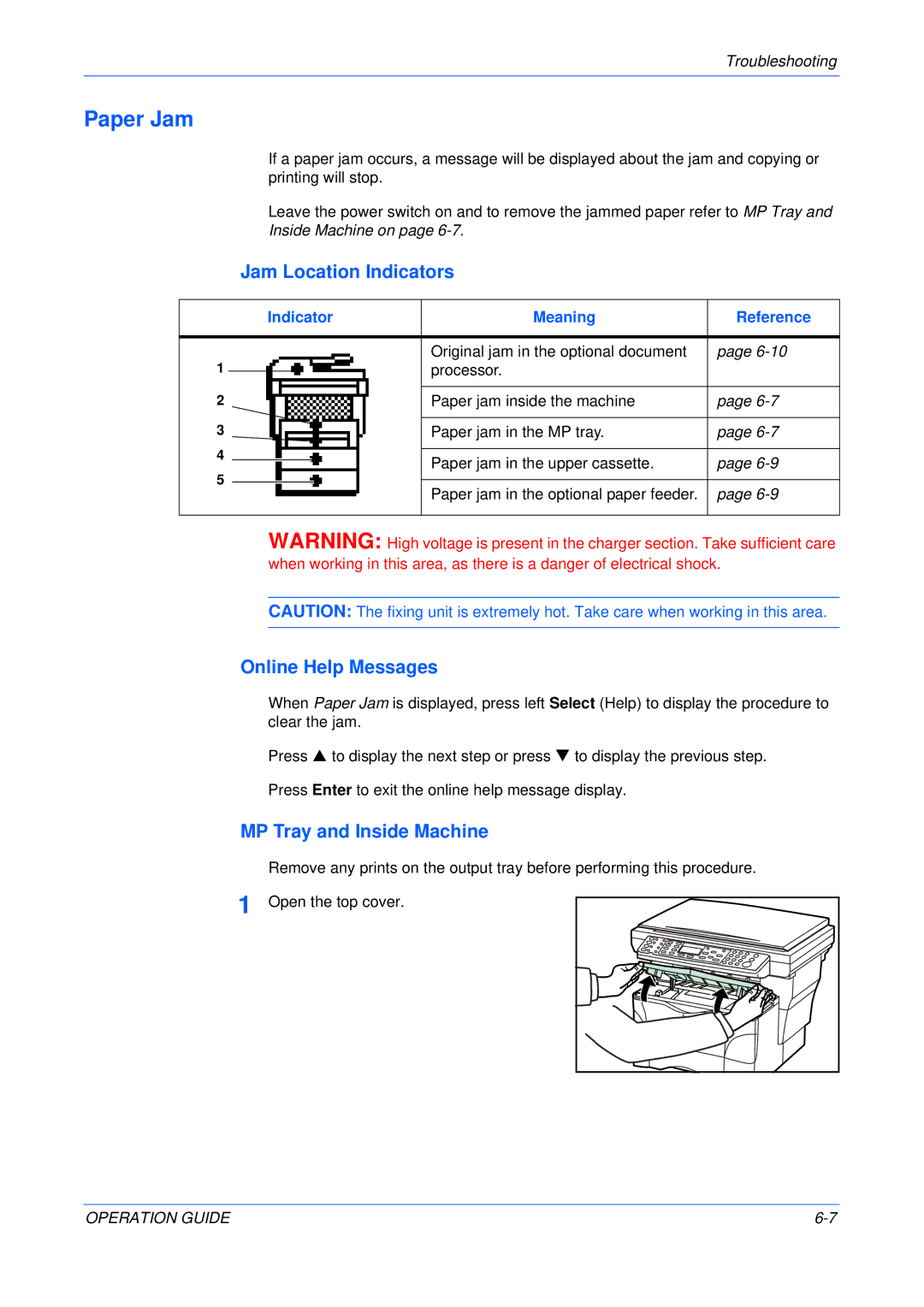 Olivetti 18MF manual Paper Jam, Jam Location Indicators, MP Tray and Inside Machine, Inside Machine on 