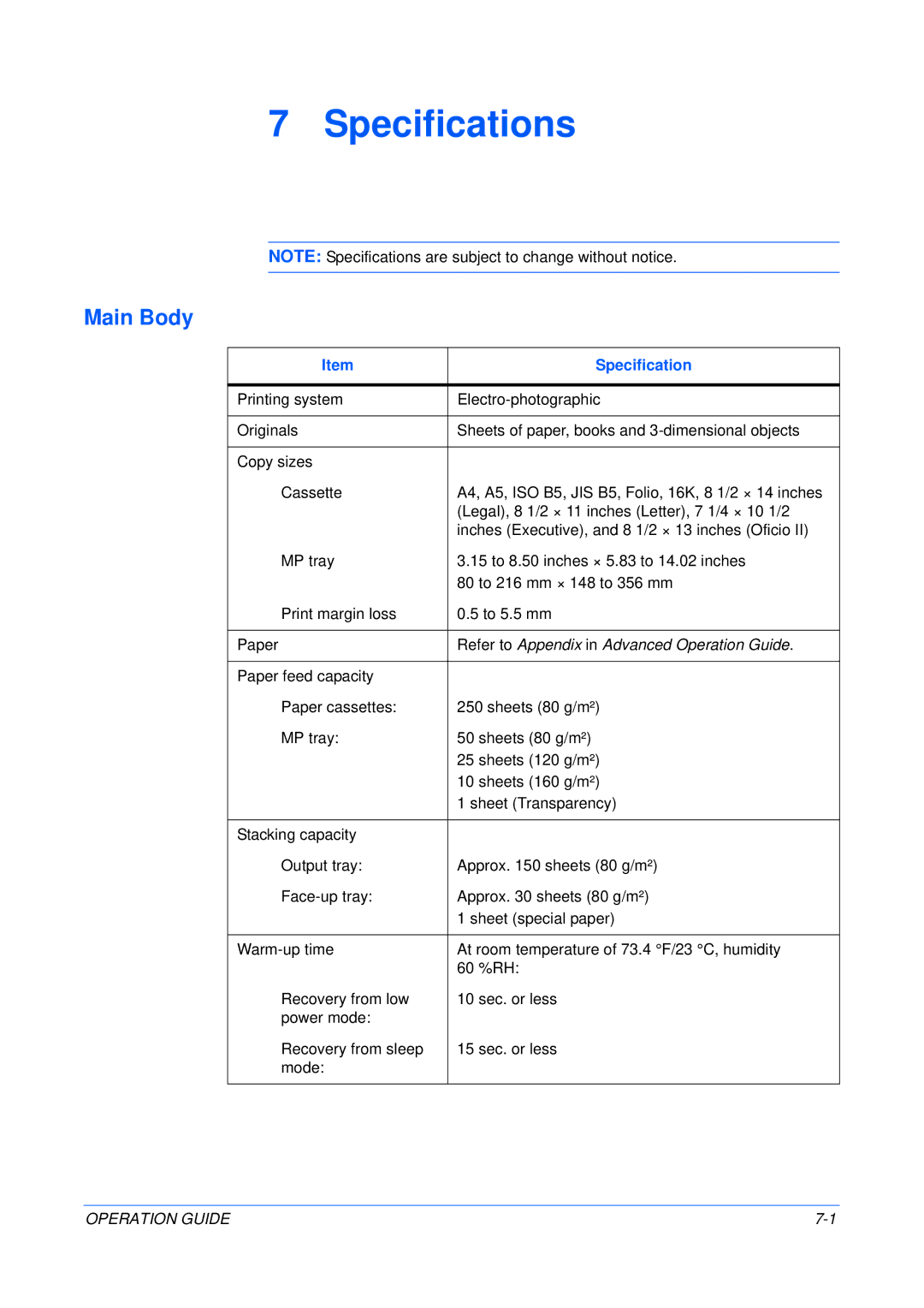 Olivetti 18MF manual Specifications, Refer to Appendix in Advanced Operation Guide 