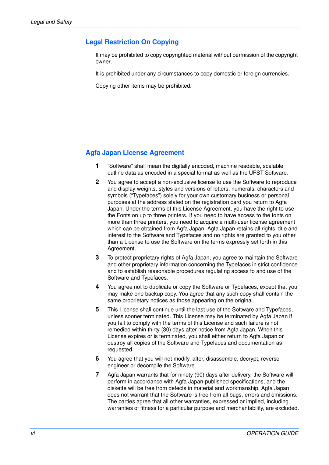 Olivetti 18MF manual Legal Restriction On Copying, Agfa Japan License Agreement, Legal and Safety 