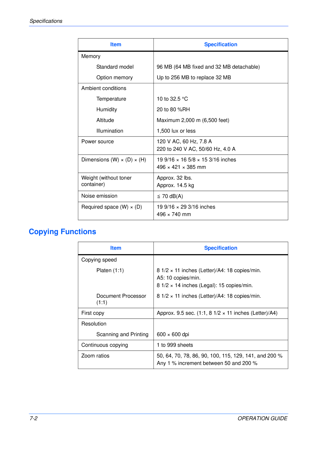 Olivetti 18MF manual Copying Functions, Specifications 